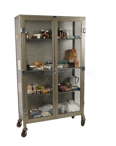 Older Style Silver Medical Cabinet